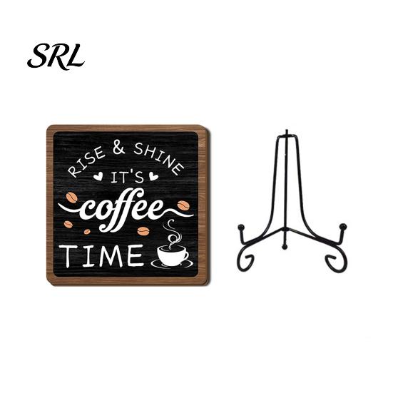 Desktop Coffee Display Stand Wooden Bar Sign Decor with Iron Stand, Vintage Black & White Cafe Decorative for Station Wall Art, Rustic Tabletop