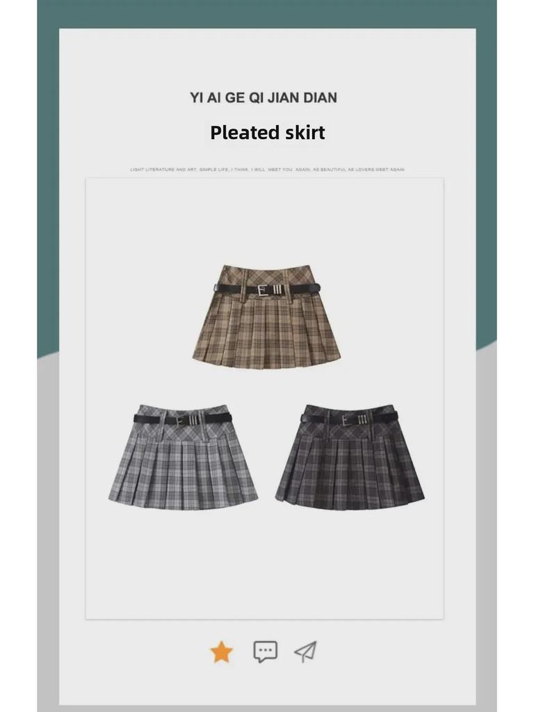 Women's American Retro Plaid High Waist Pleated Skirt - Early Autumn College Style, Anti-Exposure