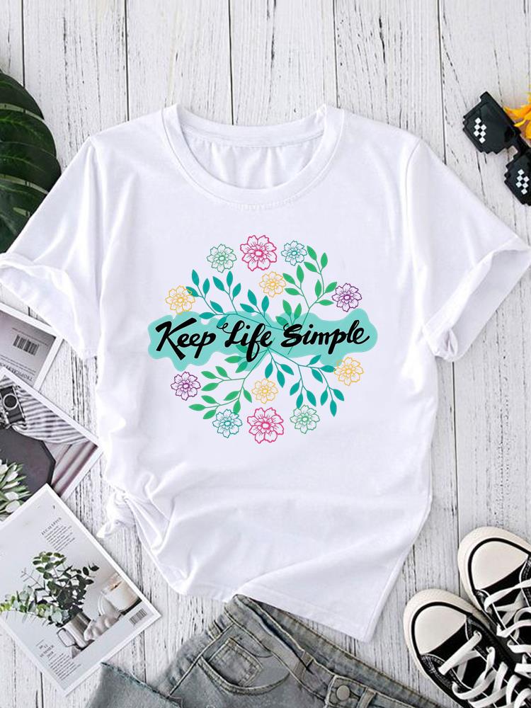 

(Asian Size) Short Sleeve T-shirts letter flower trend cute Women s Clothing Print Fashion Female Casual Top T O-neck Graphic Tee S