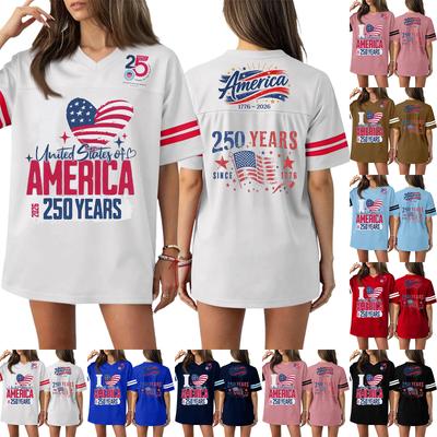 T-shirt Sport Haut Casual Mode Femme Col en V Impression Jour de l'Indépendance Manches Courtes