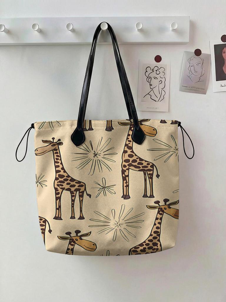 Giraffe Printed Handbag for Women, Large Capacity Leather Handle Shopping Bag, Casual Shoulder Bag