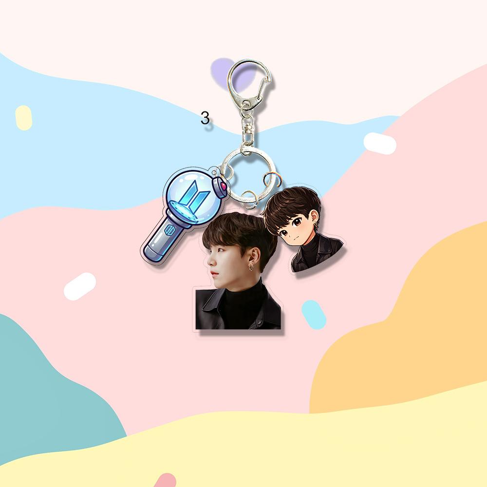 BTS Cute Triple Charm Acrylic Keychain, Bangtan Boys Real Photo, Cartoon Figure & Army Bomb Keyring, Kpop Idol Bag Pendant for ARMY Fans