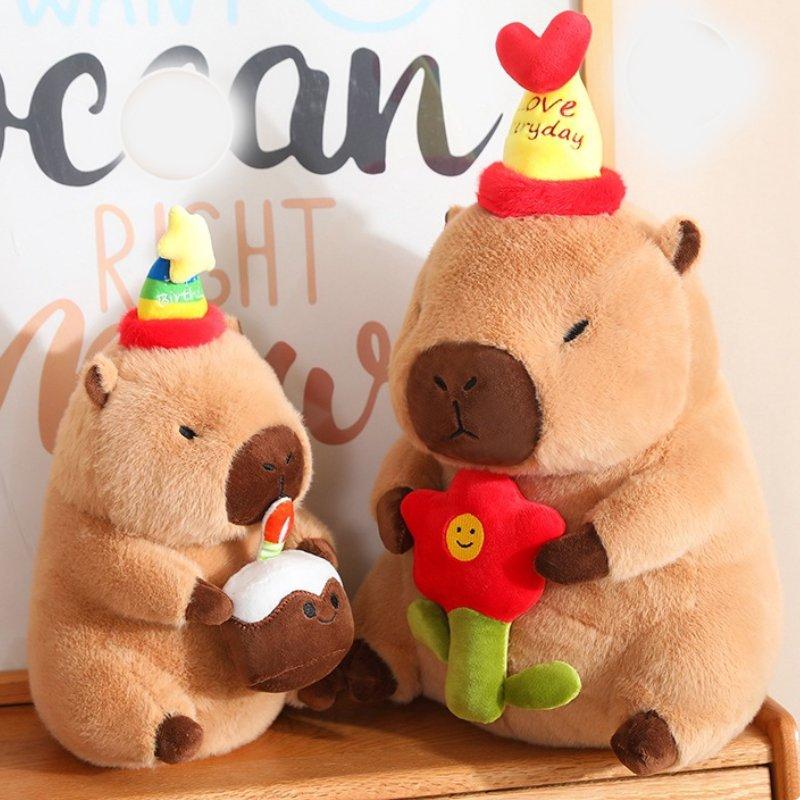 Happy Capybara Birthday Plush Toy Doll Pillow Milk Tea Cake Decoration Flower