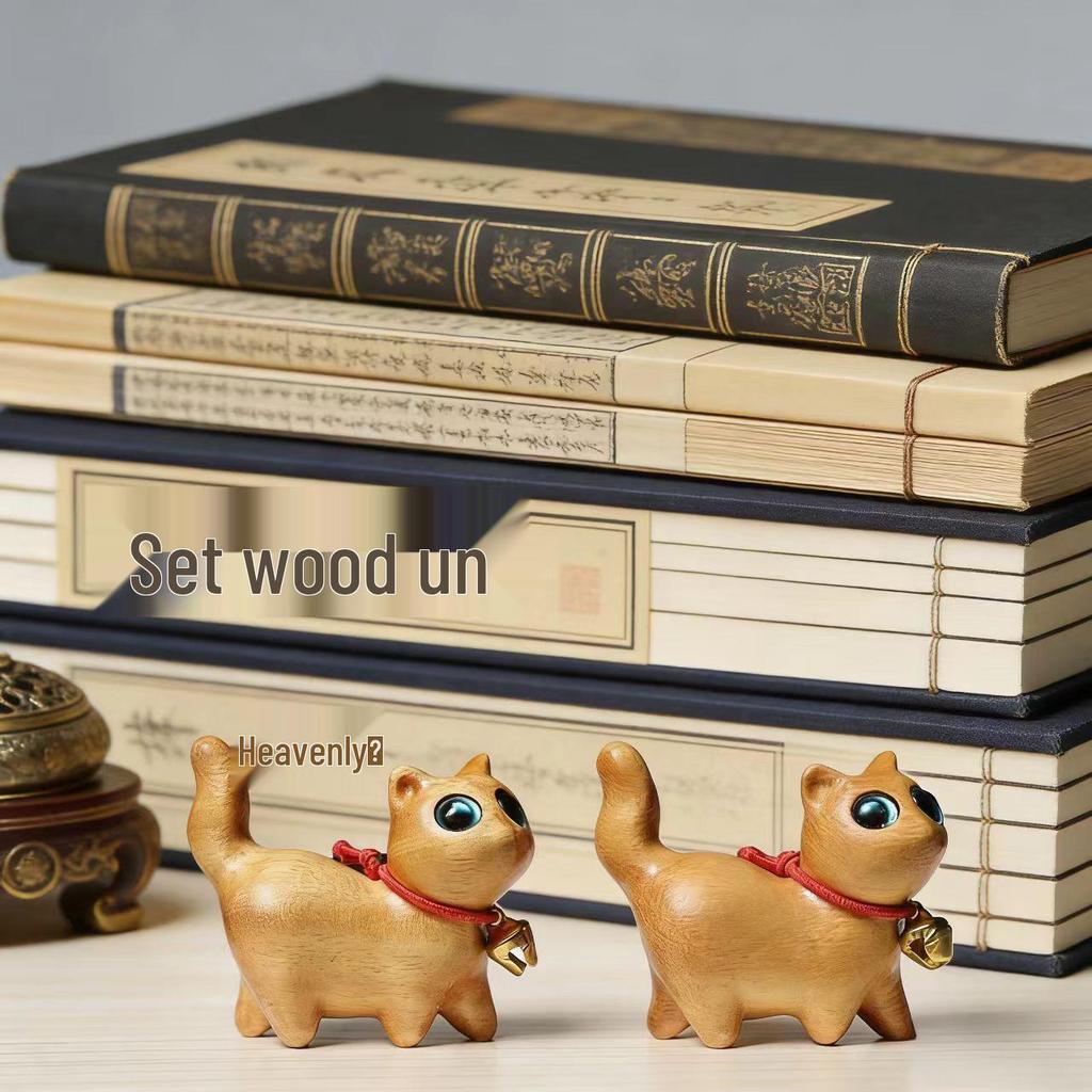 Rainbow Wood Carving: Cute Tilted-Head Kitten Mini Desktop Ornament