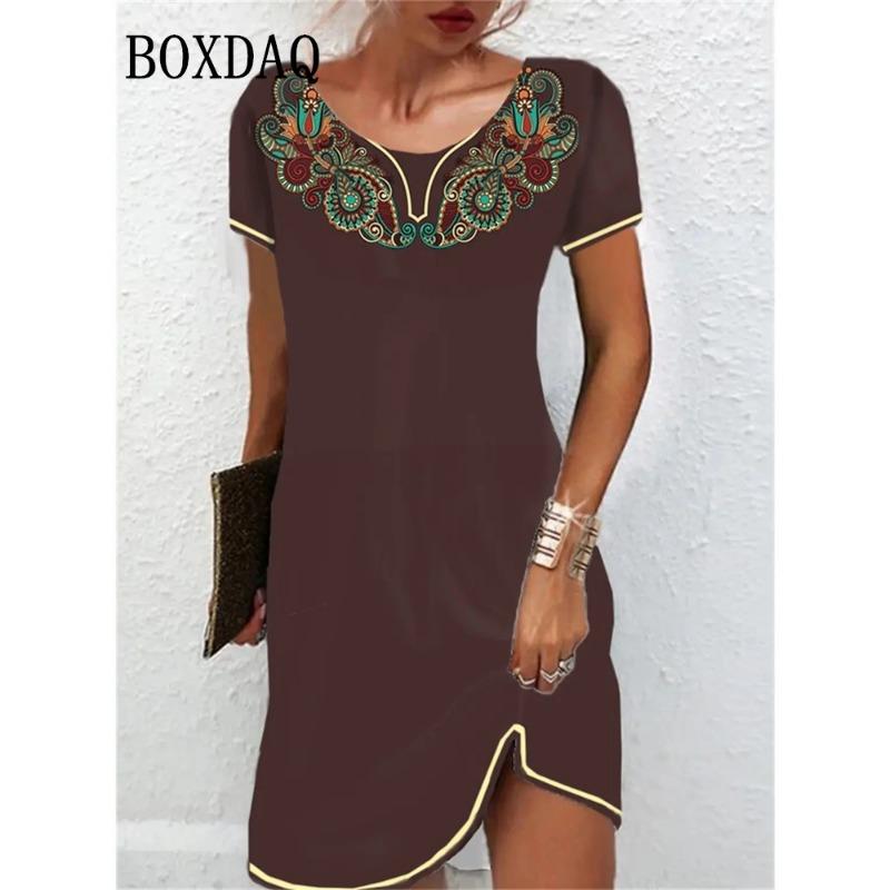 Mini Abito da Donna Stile Etnico Vintage Manica Corta Stampato Nuovo 2024 Primavera Estate Retro Scollo a O Casual Ampio Taglia Grande 6XL Abito