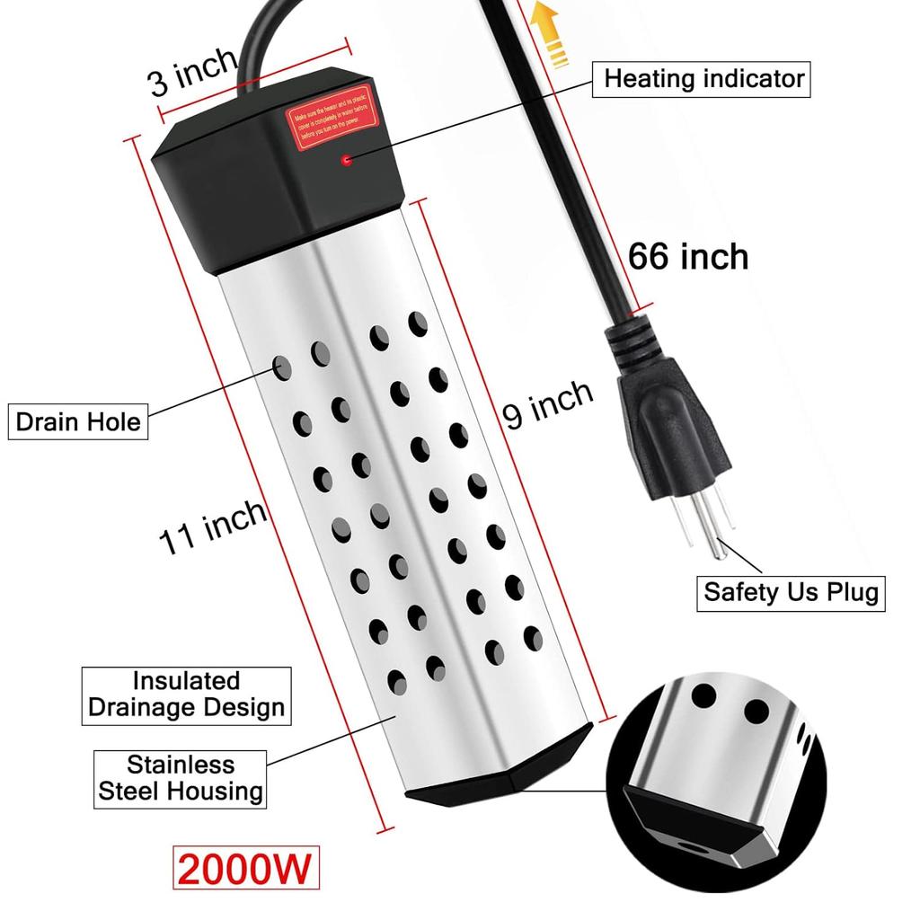 Immersion Water Heater, 2000W Portable Water Heater with 304 Stainless Steel Guard Anti-scalding Water Heater for Pool Bathtub -Heat 5 Gallons Water