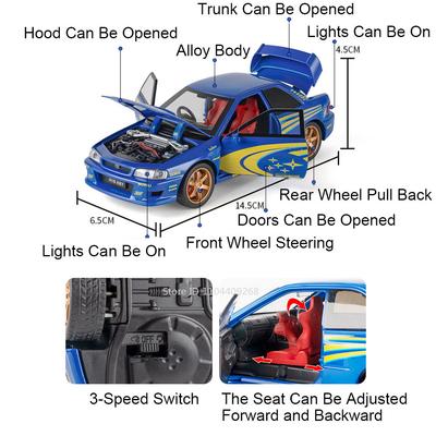 1:32 Subaru Impreza MITSUBISHI EVO 911GT3 Car Model Toy Metal Body Doors Opened Sound Light Pull Back Models Best Birthday Gifts