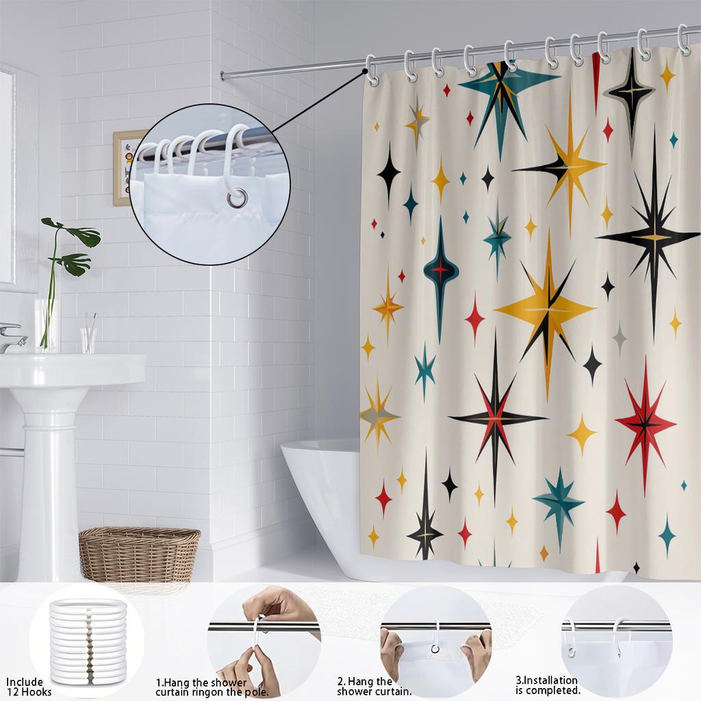 1Pc Color Star Print Perforated Waterproof Shower Curtain Shower Privacy Multi Size Hanging Curtain 12 Hooks Easy Installation