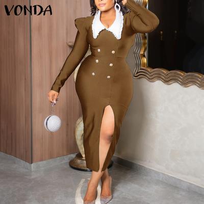 Women Vintage Lapel Long Sleeve Tight Waist Hip Dresses