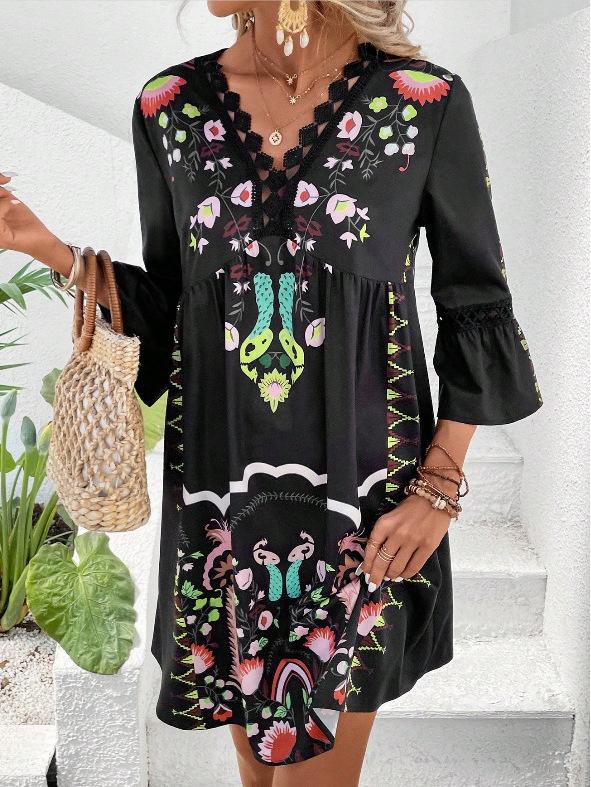 2026 Women's Summer V-neck Lace Patchwork Casual Printed Dress