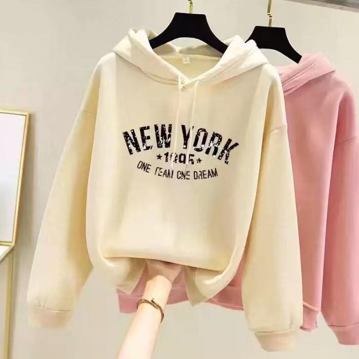 Korean Style Women's Fleece-Lined Hooded Sweatshirt, Plus Size, Loose Fit, Long-Sleeved, for Autumn and Winter.