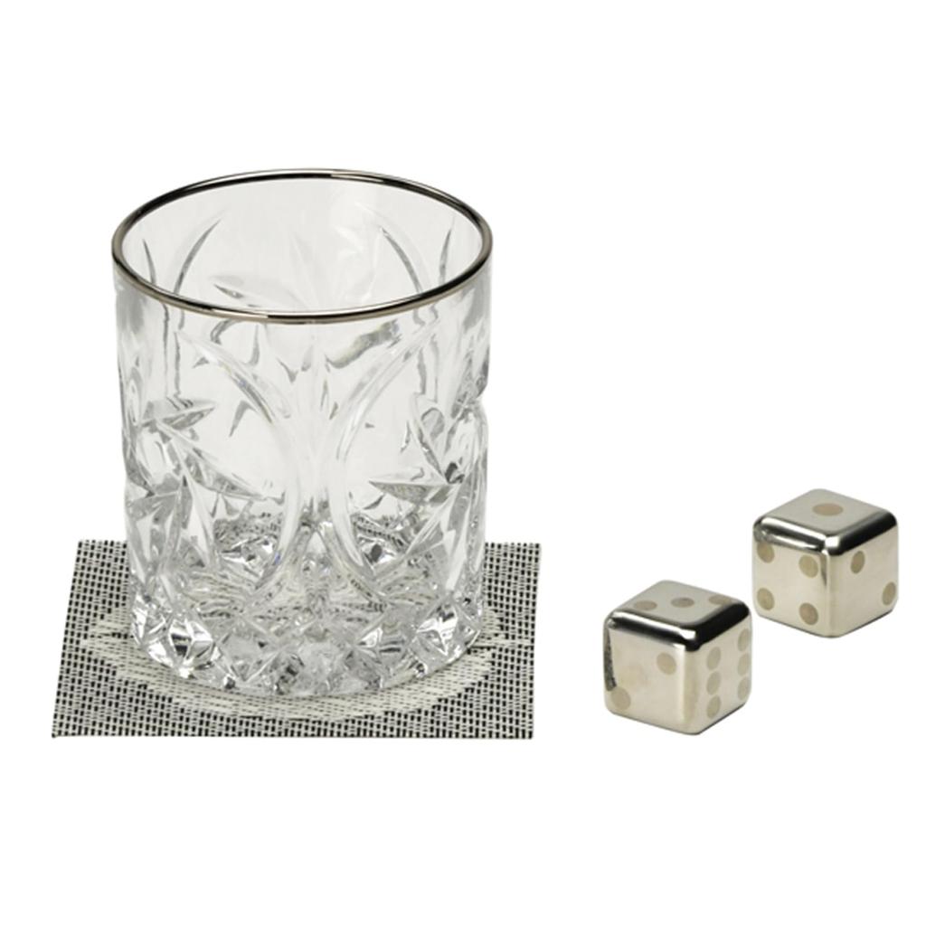 Glass Tumbler/Rocks Glass (approx. 300ml) with Two Stainless Steel Ice Cubes and a Coaster, Frozen Cube Gift Set (FC-3003GT)