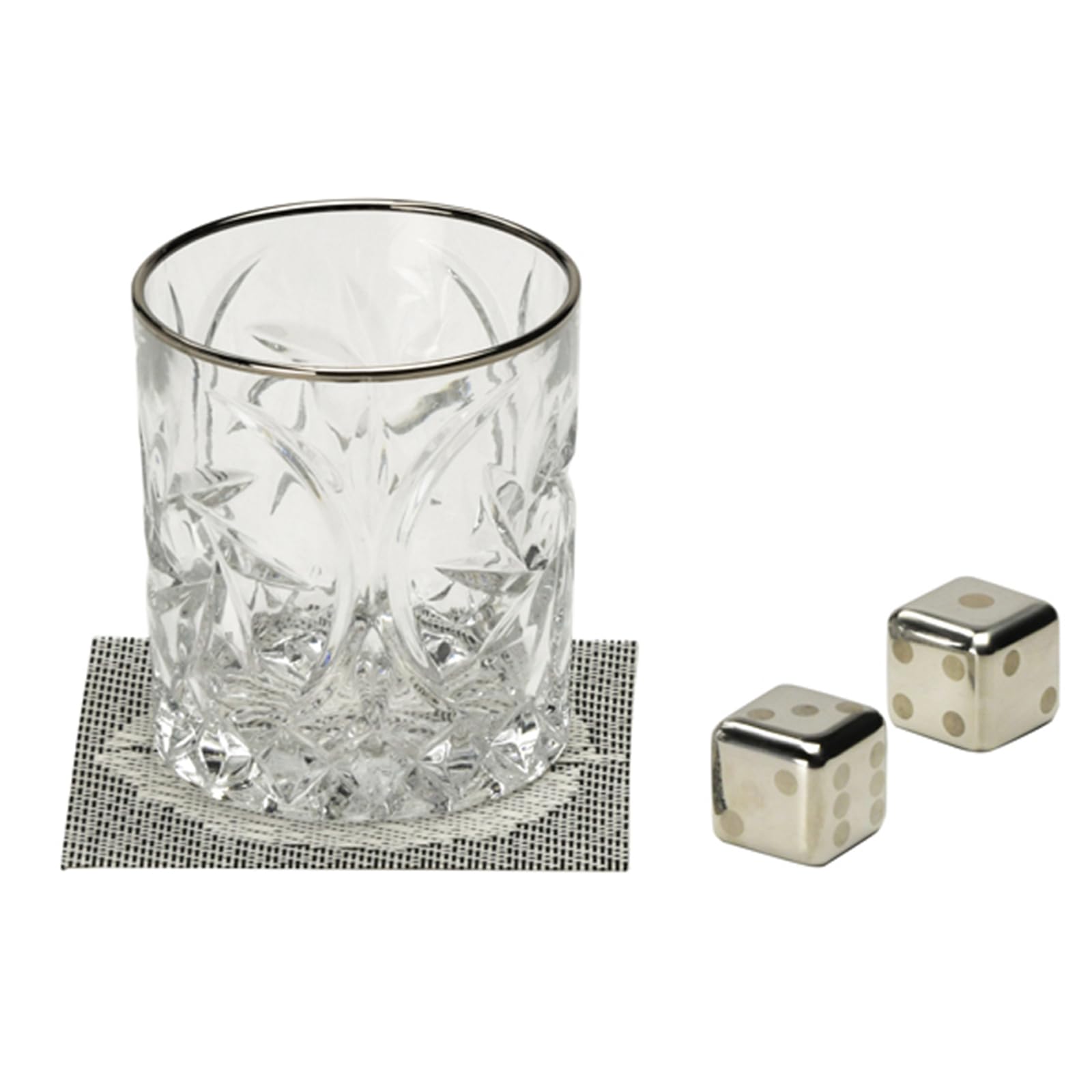 

Glass Tumbler/Rocks Glass (approx. 300ml) with Two Stainless Steel Ice Cubes and a Coaster, Frozen Cube Gift Set (FC-3003GT)