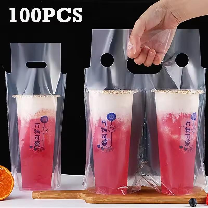100Pcs Clear Plastic Packaging Bag Single/Double Cup Coffee Take-Away Bags Milk Tea Beverage Storage Bags Tote Carrier Pouches
