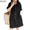 ZANZEA Women Korean Casual Shirt Collar Fashion Pockets Short-Sleeved Shirt Dress