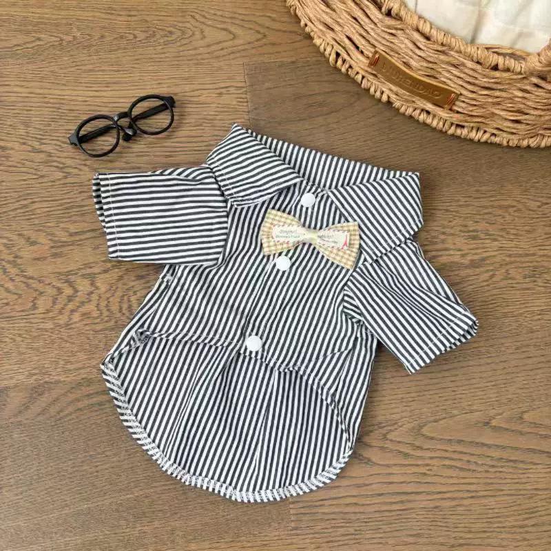 Gestreiftes Haustierhemd & Fliege für kleine Hunde - Frühling/Sommer