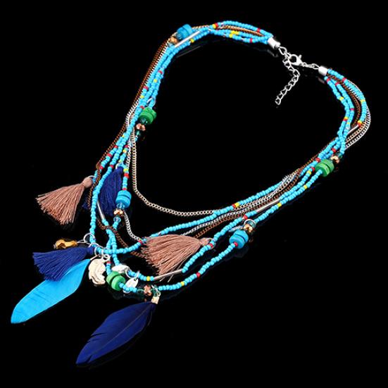 Women's Boho Ethnic Style Feathers Tassels Beads Multi-layer Chain Necklace