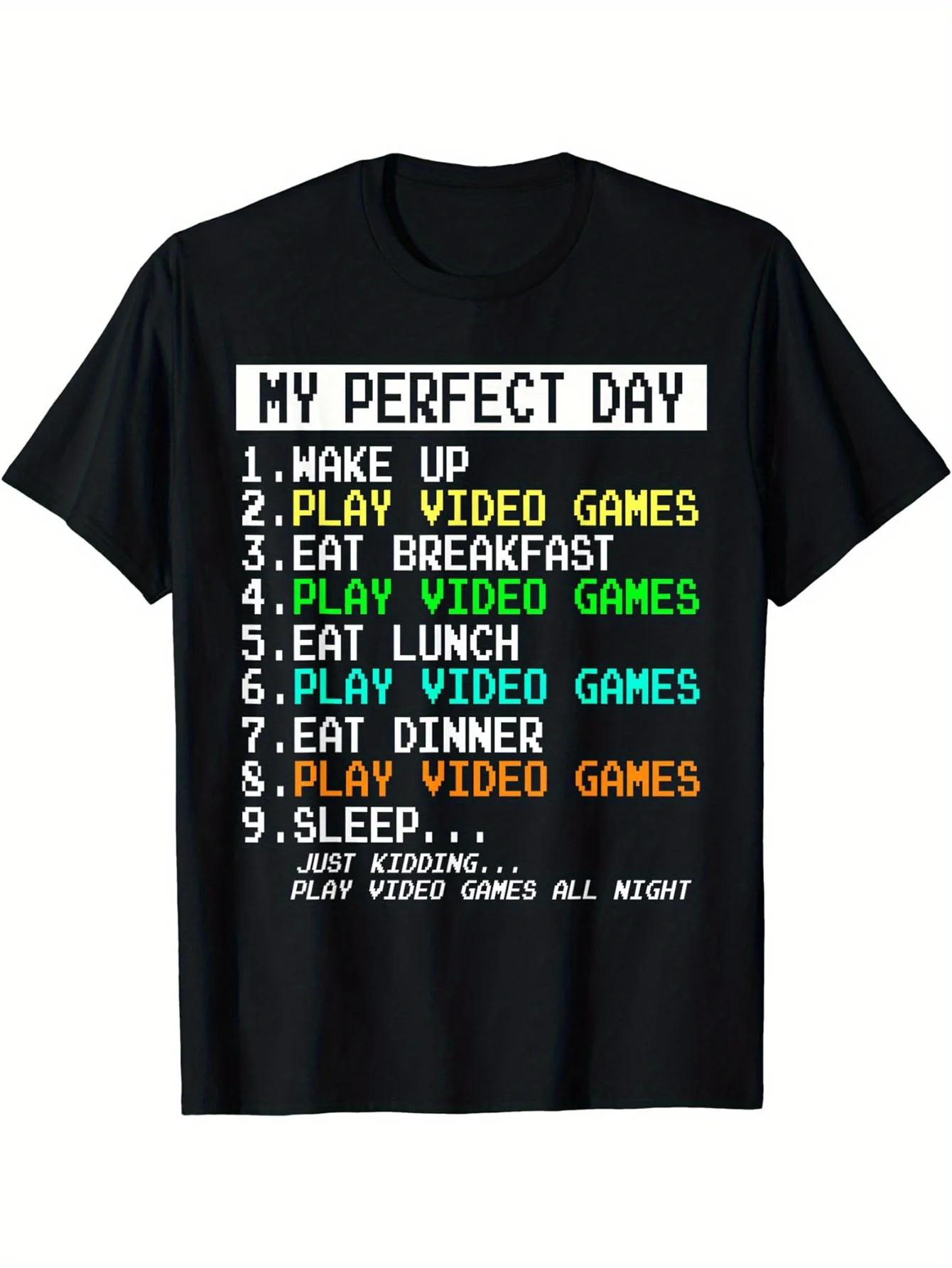 

My Ideal Day: Playing Games, Enjoying Life, Men s Clothing Printed T-shirt Suitable for All Seasons, Casual Style - Men s Sum... S разноцветный