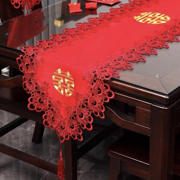 Wedding Table Flag Wedding Festive Decoration Red Lace Fabric Dining Table Coffee Table Tv Cabinet Tablecloth