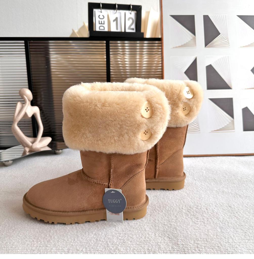 Modische, personalisierte Damen-Schneestiefel mit Knöpfen aus echtem Schaffell und Wolle, modisch und warm, gefüttert mit echtem Leder und Fell