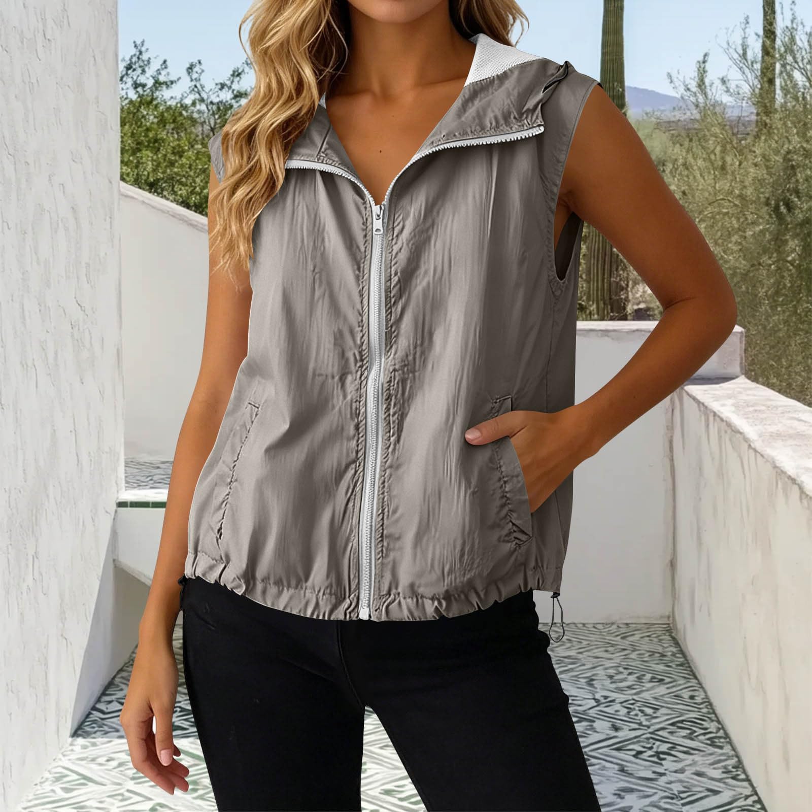 

Women s Casual Sleeveless Hooded Vest Jacket with Front Zipper and Pockets Lightweight Outdoor Layered Vest for Daily Wear XL