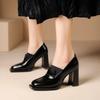 Autumn New Patent Leather Chunky Heel Woman Shoe Round Toe Thick Sole Designer Black Brown Pumps Slip-on Lace Up Career Heels