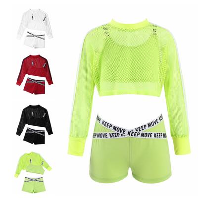 Kids Girls Cool Hip Hop Dance Outfits 3Pcs Workout Short Net Blouse with Tank Top and Boyshorts Set Street Dance Clothes