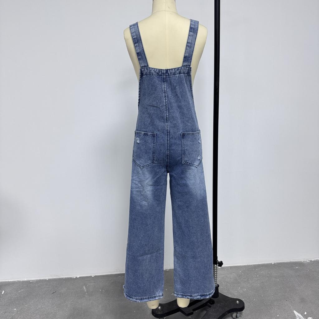 Retro Women Denim Bib Overalls Ripped Baggy Jean Jumpsuit Romper Pants with Pockets for Streetwear