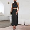 Women's Summer Formal Satin Mock Neck Sleeveless Tank Skirt Two-piece Suit