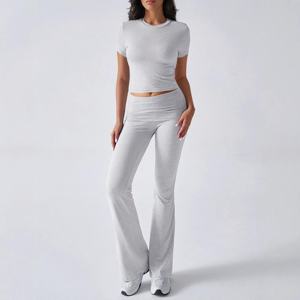 AYJ24T888 Women's Fashion Slim Fit Solid Color Tracksuit - Short Sleeve, Long Pants, Spring/Summer Collection
