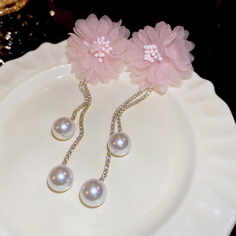 Silver Needle Fabric Flower Glass Fringed Earrings Medium Antique Temperament Stud Earrings Design Sense Niche Earrings