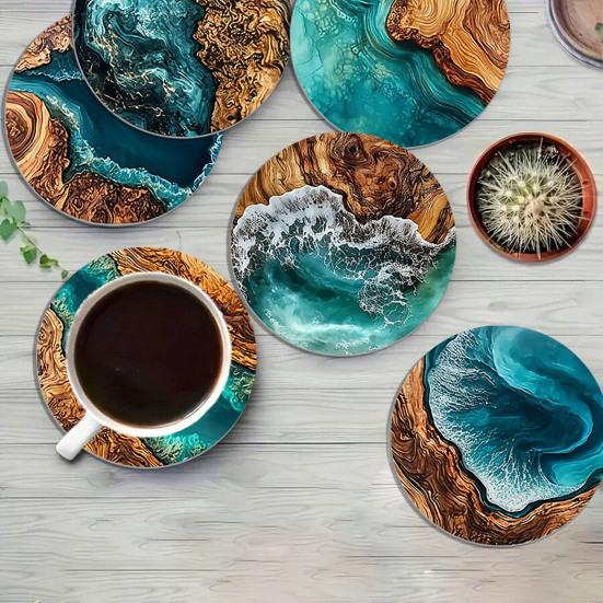 Yousheng 6PCS Car Coaster, Reusable Ocean Theme Heat Resistant Pads, Non-Slip Stain Resistant Cup Holders, for Office Desk Home