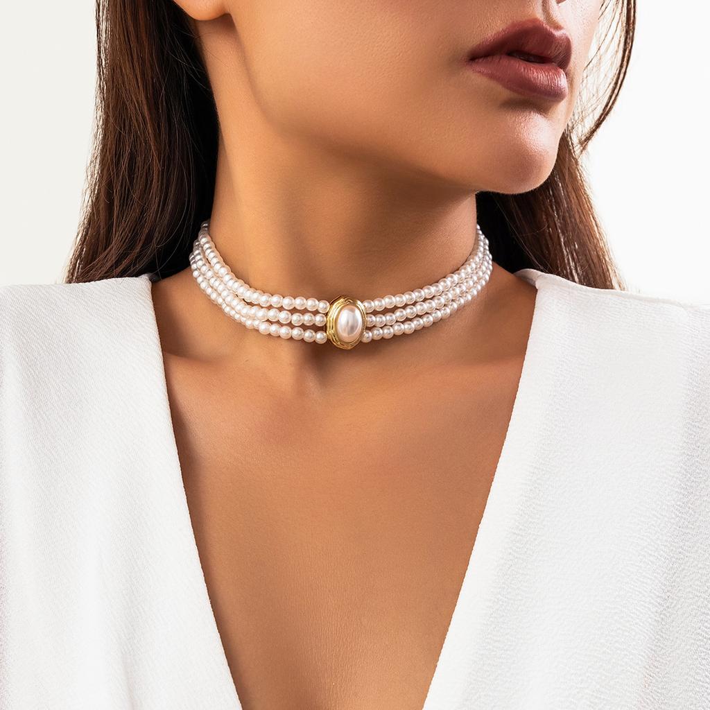 French Elegant Multi-Layer Imitation Pearl Necklace, Light Luxury Beaded Gemstone Necklace Set