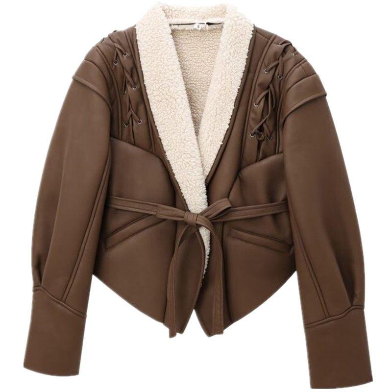 

Западный стиль 2024 Осень Новая женская одежда Дизайн Универсальная куртка из замшевой кожи с длинным рукавом на шнуровке Верхняя одежда Brown L