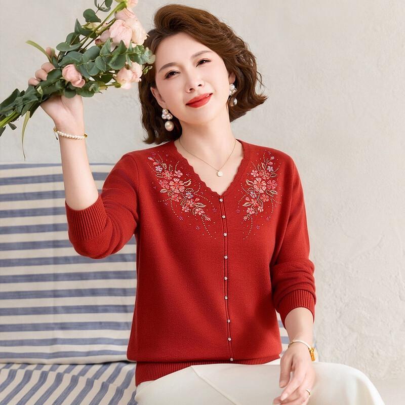 Pastel Women's Floral Embroidered Rhinestone V-Neck Knit Sweater