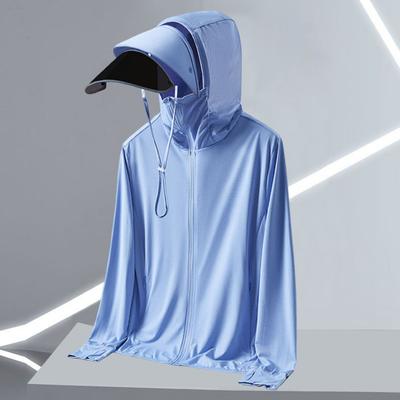 Herren Sonnenschutzkleidung mit Kapuze, abnehmbarer Krempe, langärmelig, atmungsaktiver Netzmantel mit Seitentaschen, Anti-UV-Oberbekleidung