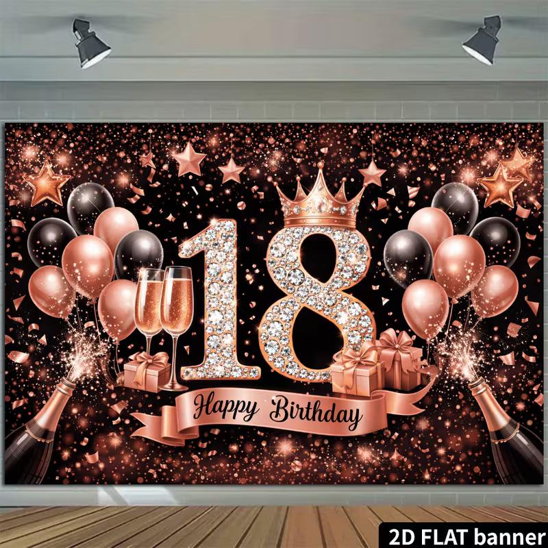 2D 18th Birthday Photography Background, Black Rose Gold Themed Party Backdrop Banner