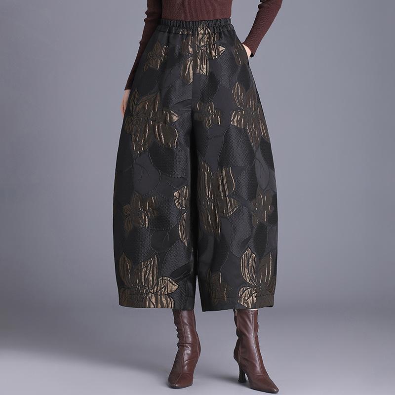 

Жаккардовые флисовые брюки с широкими штанинами с золотой нитью - Женские осенне-зимние больших размеров кокон буткат 2XL