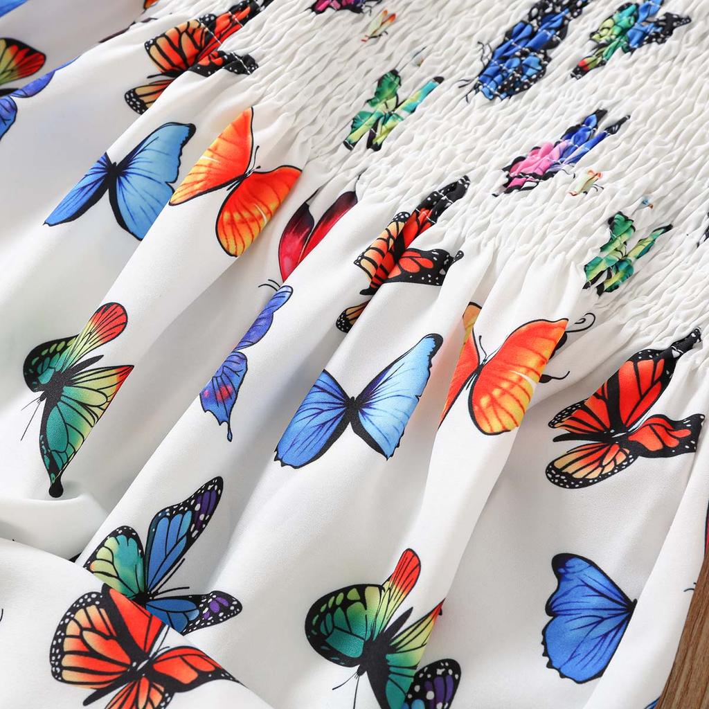 Mädchenkleid Sommer Schmetterlingsdruck A-Linien-Kleid für Kinder Mode Süßes Mädchenkleid Schmetterlingsdruck Langarm Gummizug in der Taille