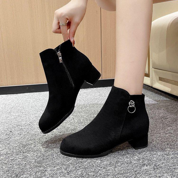 Frosted coarse heel small short boots women's shoes new autumn and winter black velvet suede medium heel bare boots autumn and winter high heels