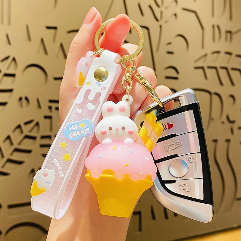 Sweet Pink Delightful Bunny Ice Cream Keychain For School Bags And Purses