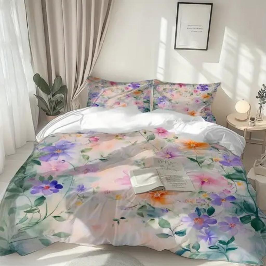 Dopamin Buntes Blumenmuster Romantischer Bettbezug Queen King Size Frühling Blumenmuster Bettwäscheset Raumdeko 3-teiliges Set Ohne Steppdecke