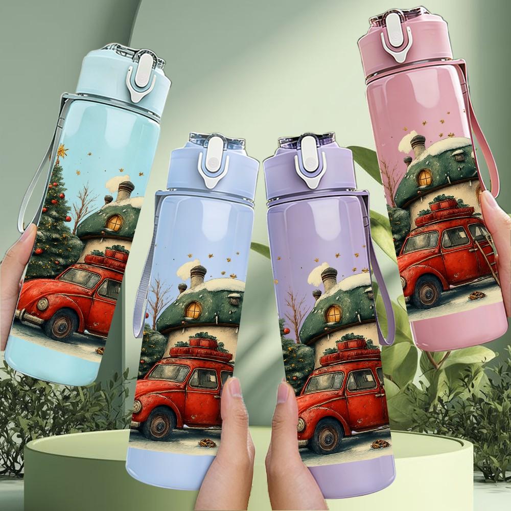 1PC Christmas Truck Pine Tree Pattern 750ml Color Plastic Sports Water Bottle Leakproof Flip Straw Lid Suitable for Sports Office Home Use