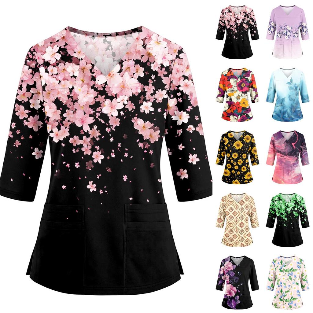 Women's Floral Print V-Neck Scrub Top with Pockets and Side Slits Three-Quarter Sleeve