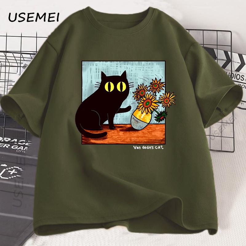 Van Gogh Cat Graphic T Shirts Men Women Flower Black Cat T-shirt Round Neck Cotton Short Sleeve Trendy Tee Shirt Streetwear