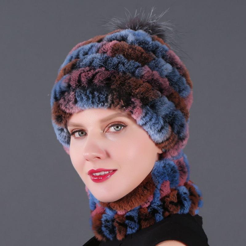 New hat scarf winter thickened thermal hat Rex rabbit fur grass Rex rabbit fur scarf two-piece set