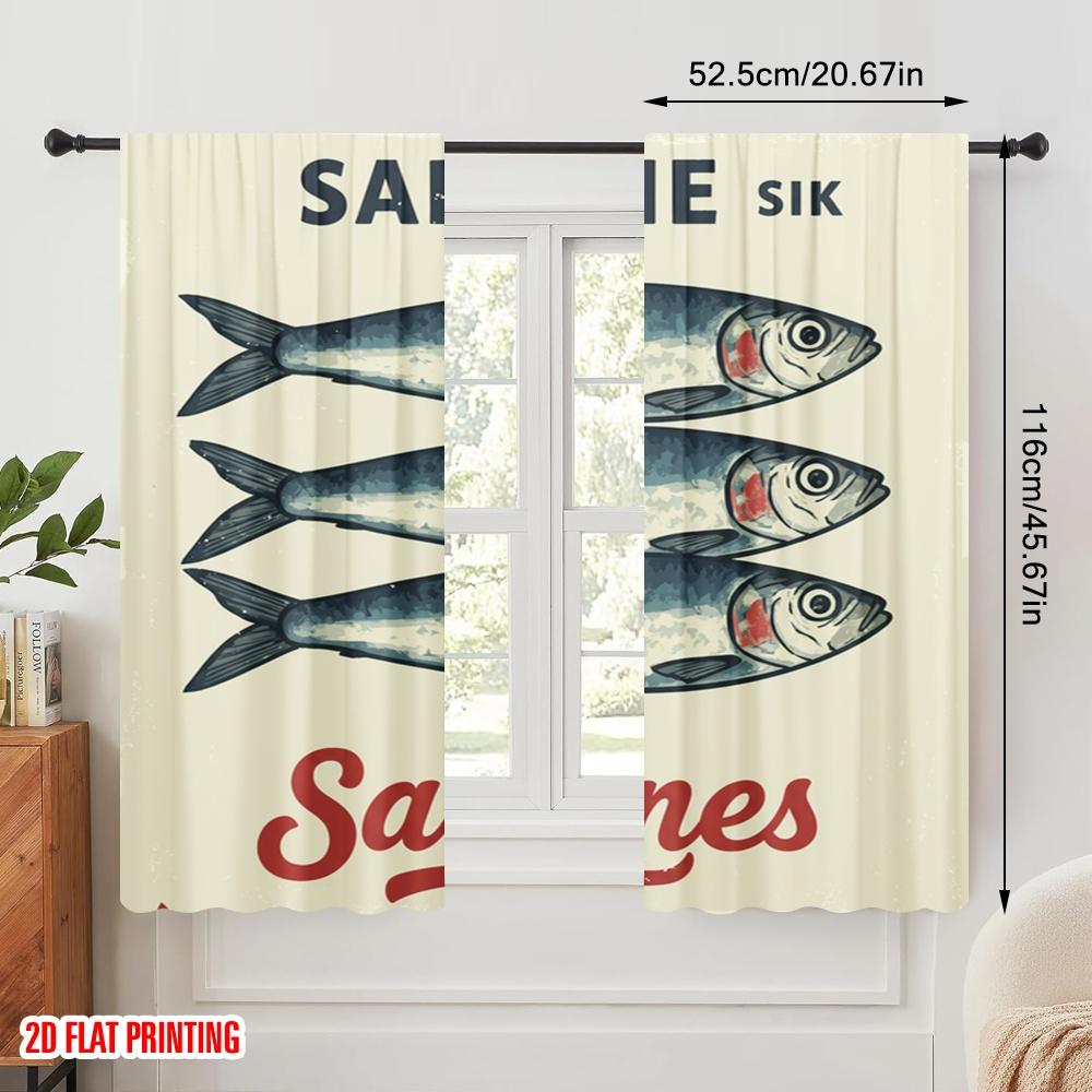 2pcs 2D Flat Printing Party Curtain Sardine Fish Fabric Without Electricity Festive Curtains Use for Living Room Outdoor Decor
