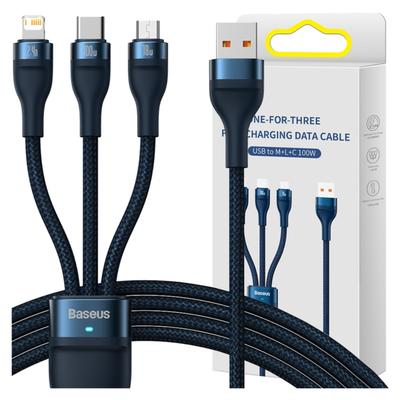 Kabel USB 3in1 Baseus Flash Series, USB-C + Micro USB + Lightning, 100W, 1.2M (Blau)