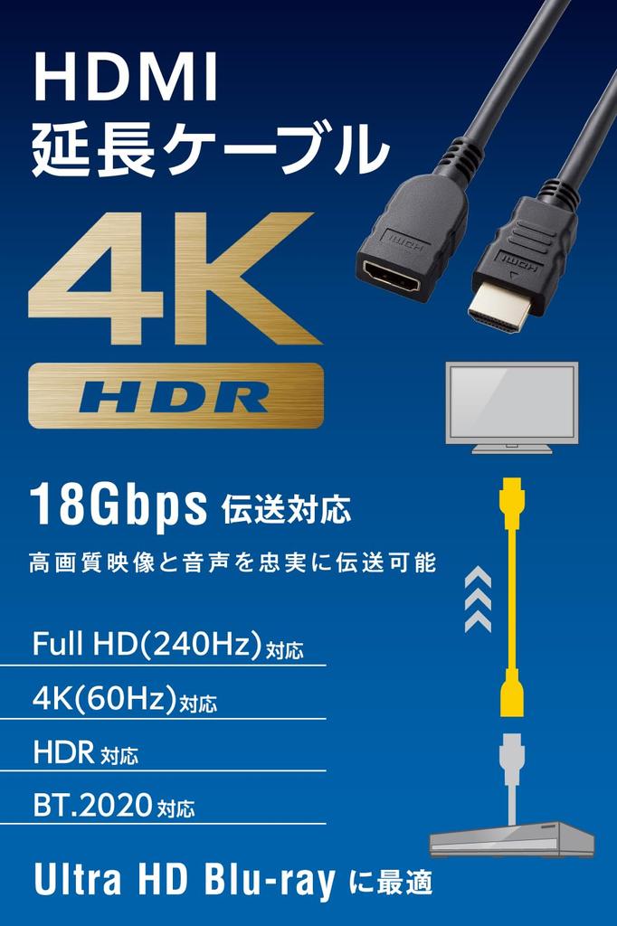 Elecom HDMI Extension Cable 50cm Premium Cable Standard 18Gbps for Game eARC Black 4K2K(60Hz) [Premium HDMI(R) Certified] TVs, PCs, Consoles, Etc.