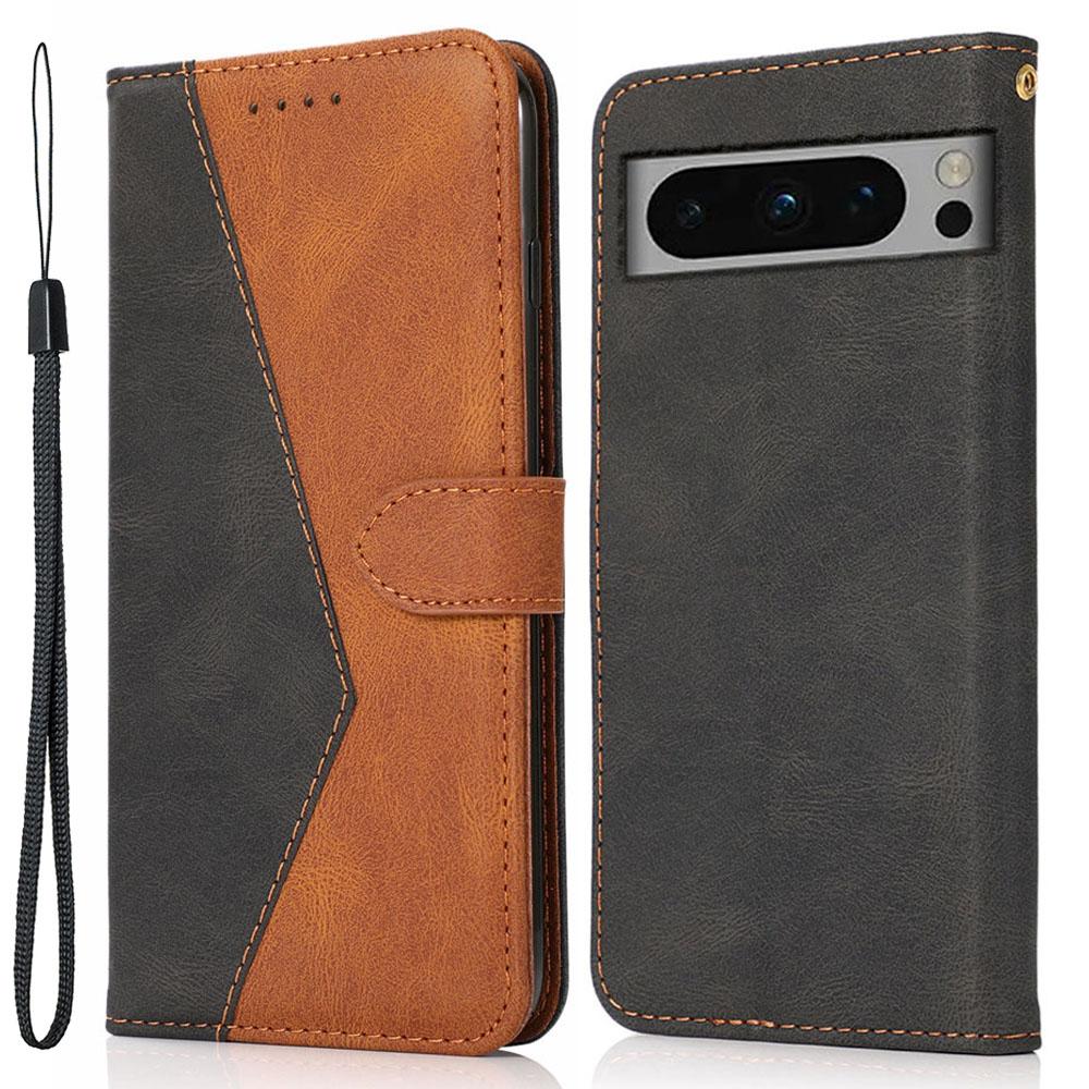 

For Google Pixel 8 Pro Splicing PU Leather Wallet Case Flip Stand Phone Cover Black+Brown